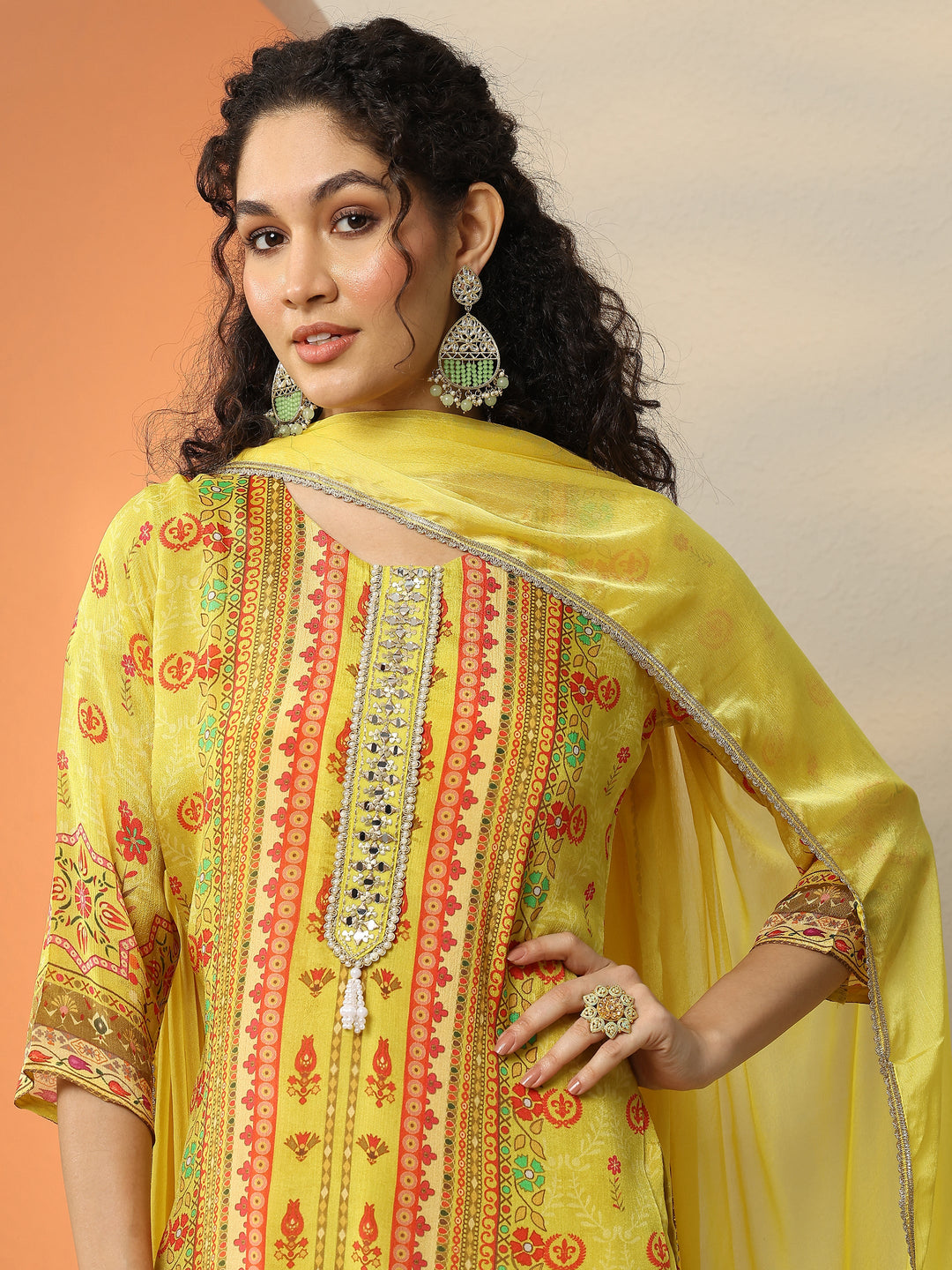  Yellow Printed Chinon  Straight Suit Set With Dupatta 