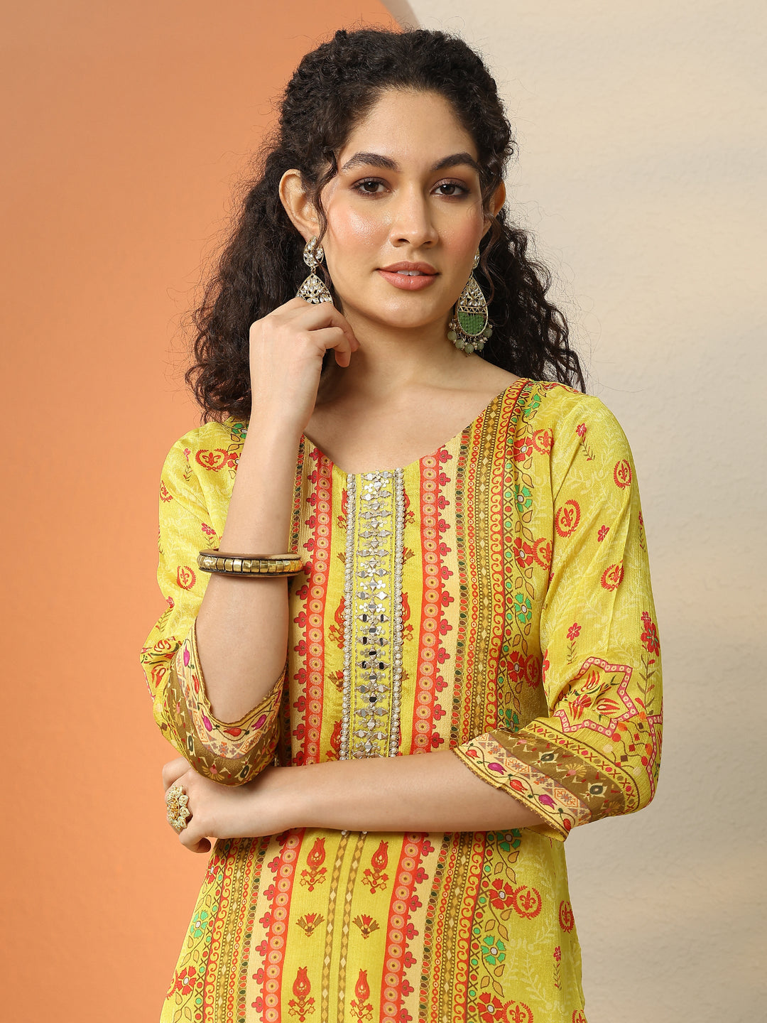  Yellow Printed Chinon  Straight Suit Set With Dupatta 