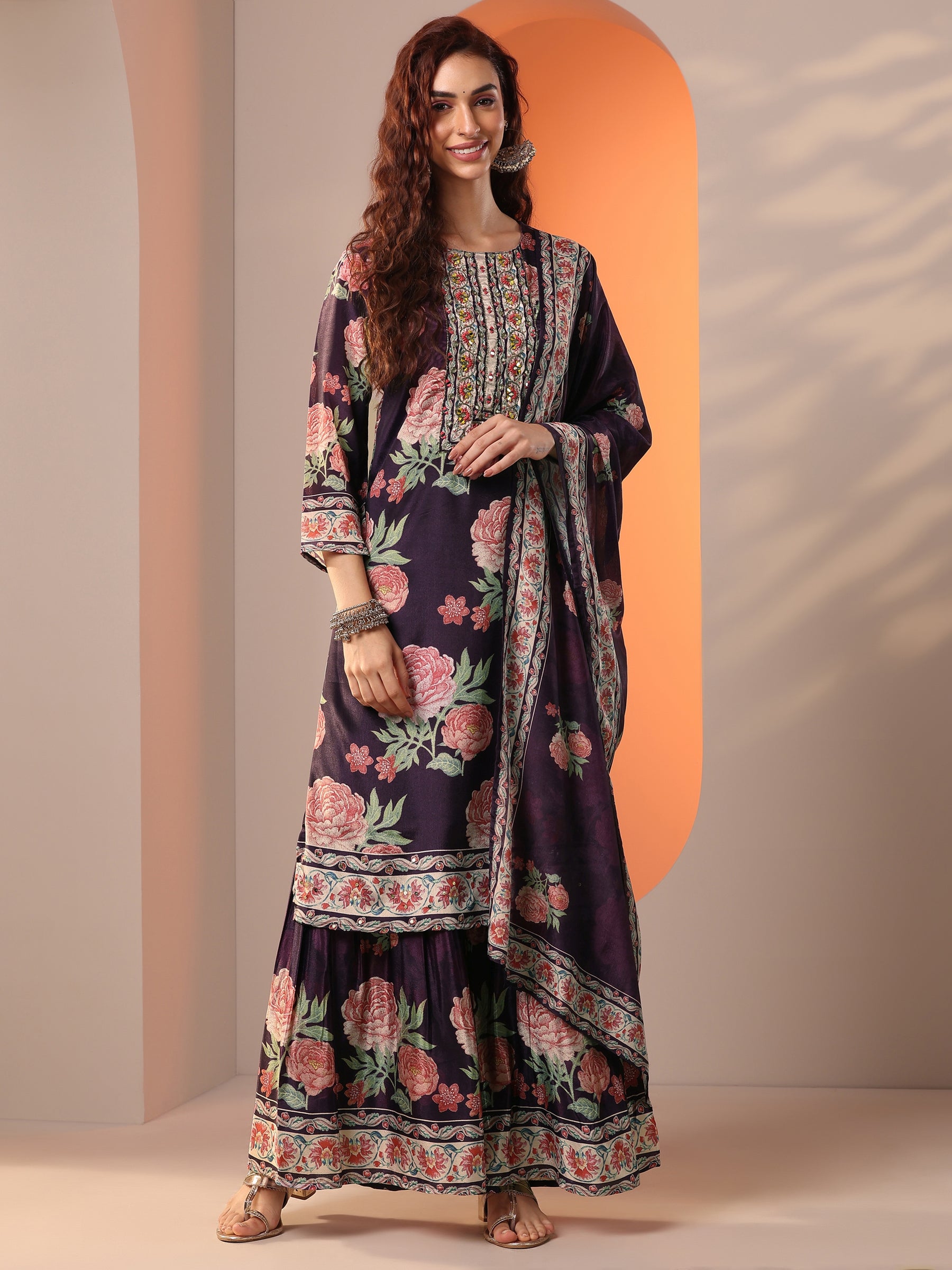 Purple Woven Design Cotton Straight Kurta