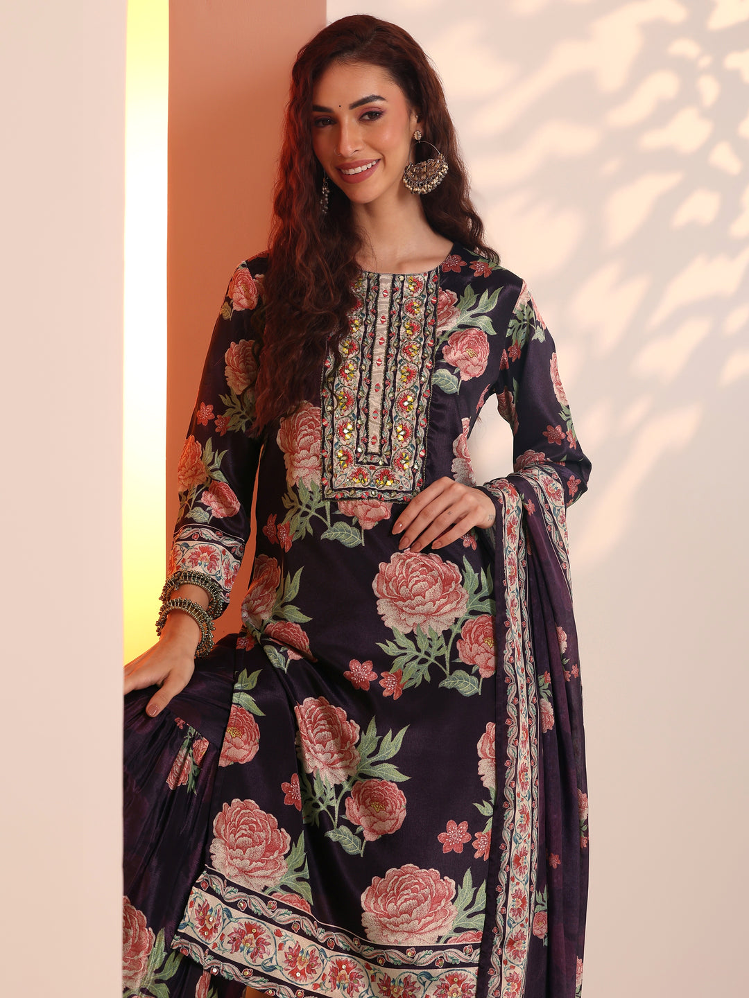  Libas Art Purple Printed Chinon Straight Suit Set With Dupatta 