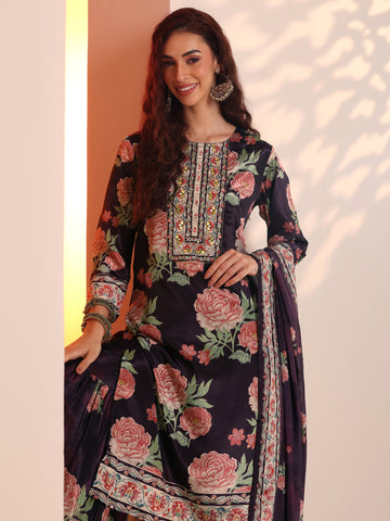 Purple Printed Chinon Straight Suit Set With Dupatta