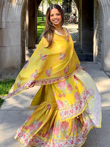 Yellow Printed Chinon Straight Suit Set With Dupatta