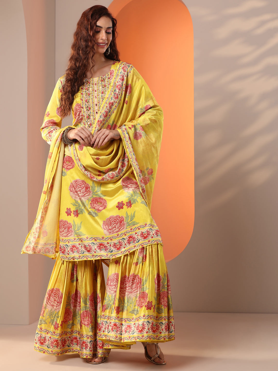  Libas Art Yellow Printed Chinon Straight Suit Set With Dupatta 