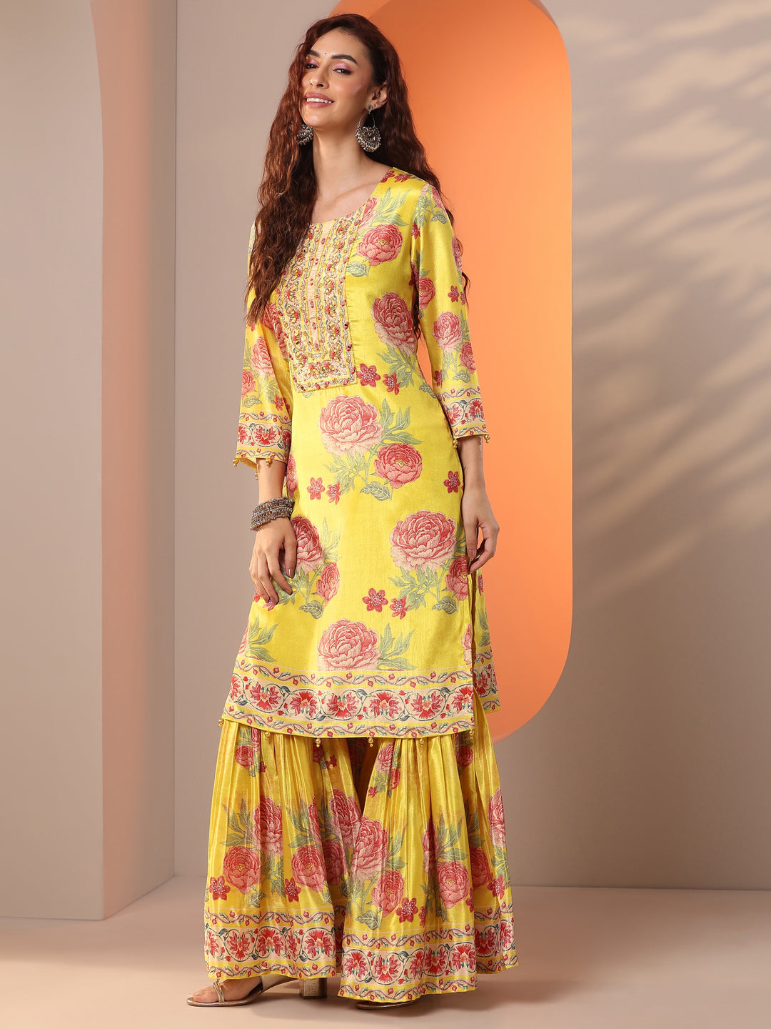  Libas Art Yellow Printed Chinon Straight Suit Set With Dupatta 