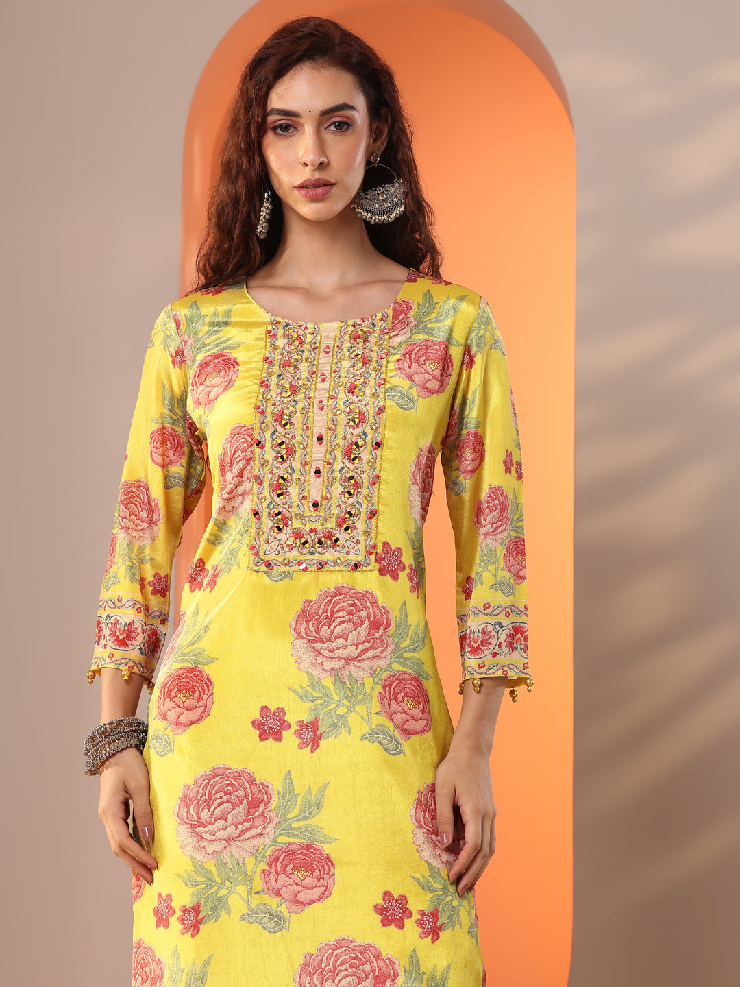  Libas Art Yellow Printed Chinon Straight Suit Set With Dupatta 