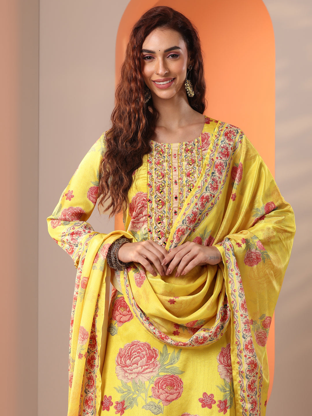 Libas Art Yellow Printed Chinon Straight Suit Set With Dupatta 
