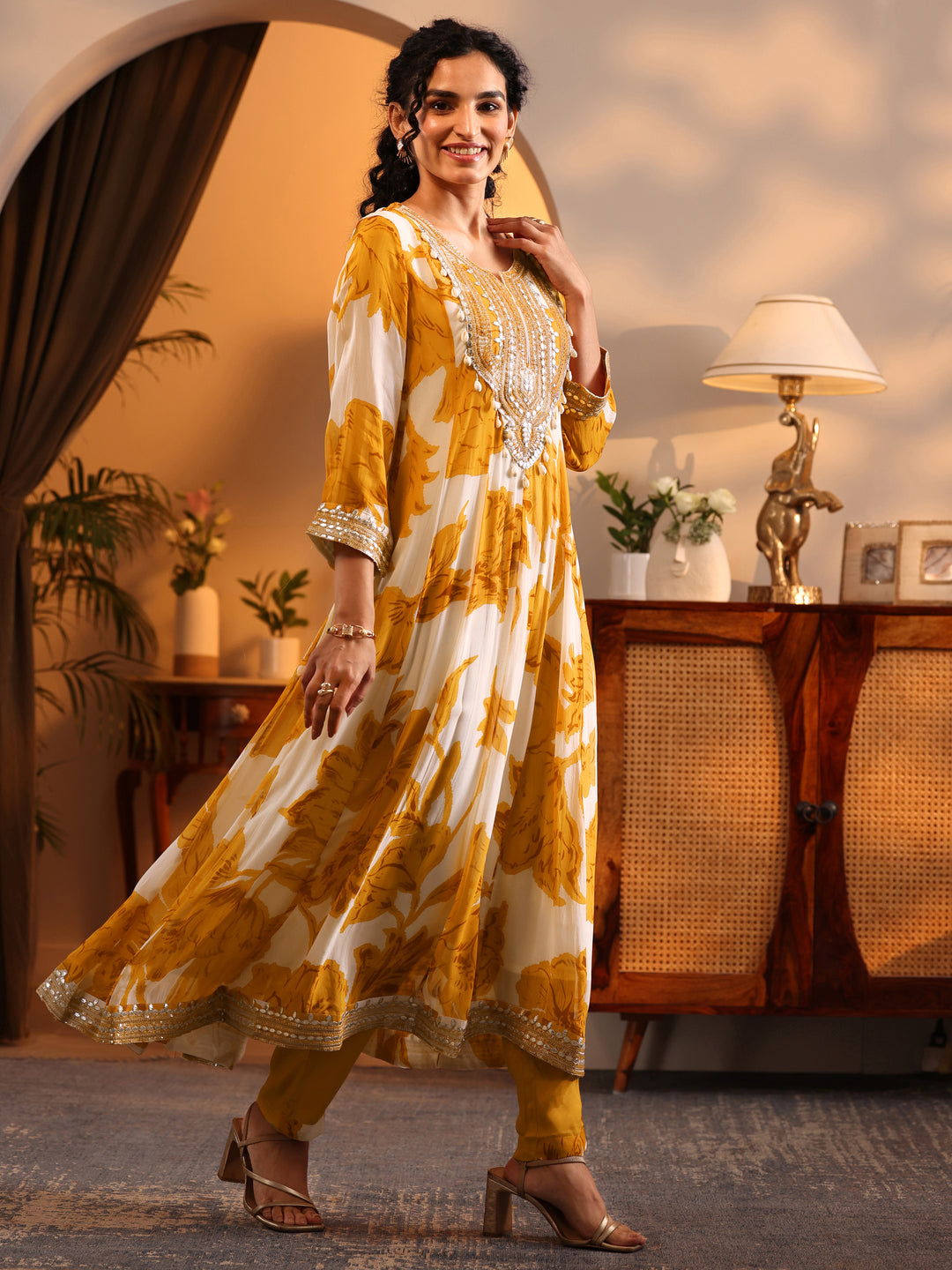  Libas Art Off White Printed Georgette Anarkali Suit Set With Dupatta 