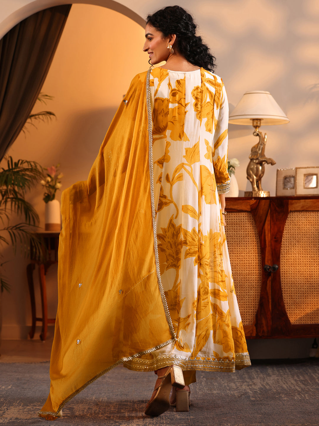  Libas Art Off White Printed Georgette Anarkali Suit Set With Dupatta 