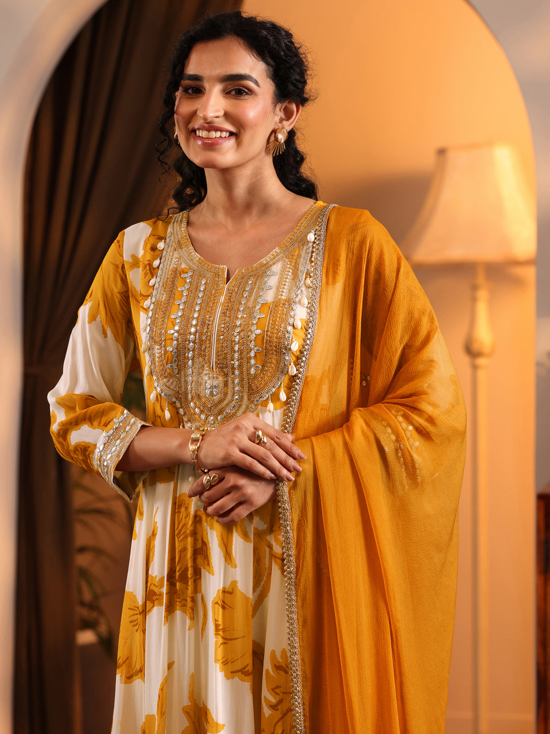  Libas Art Off White Printed Georgette Anarkali Suit Set With Dupatta 