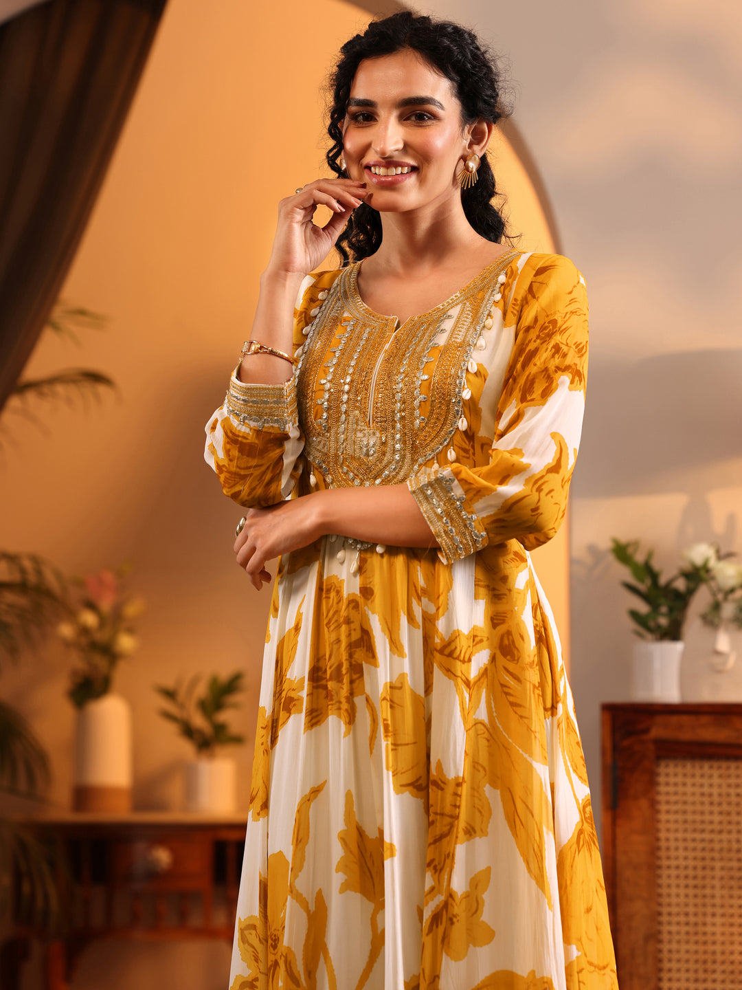  Libas Art Off White Printed Georgette Anarkali Suit Set With Dupatta 