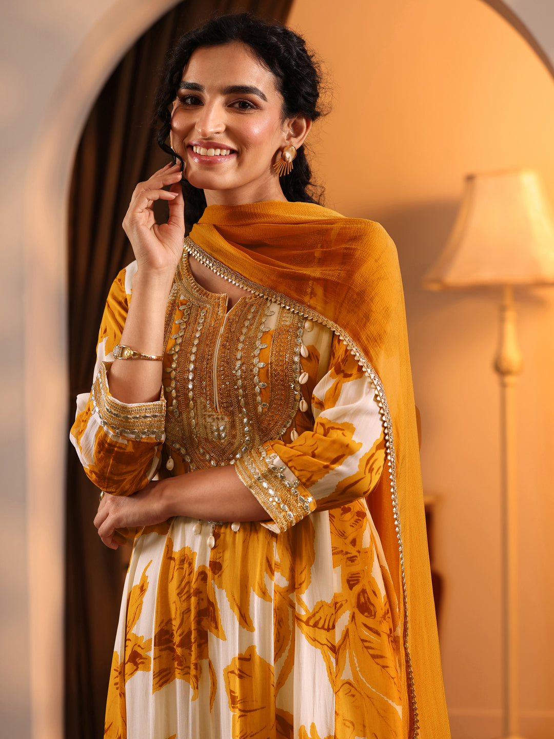  Libas Art Off White Printed Georgette Anarkali Suit Set With Dupatta 