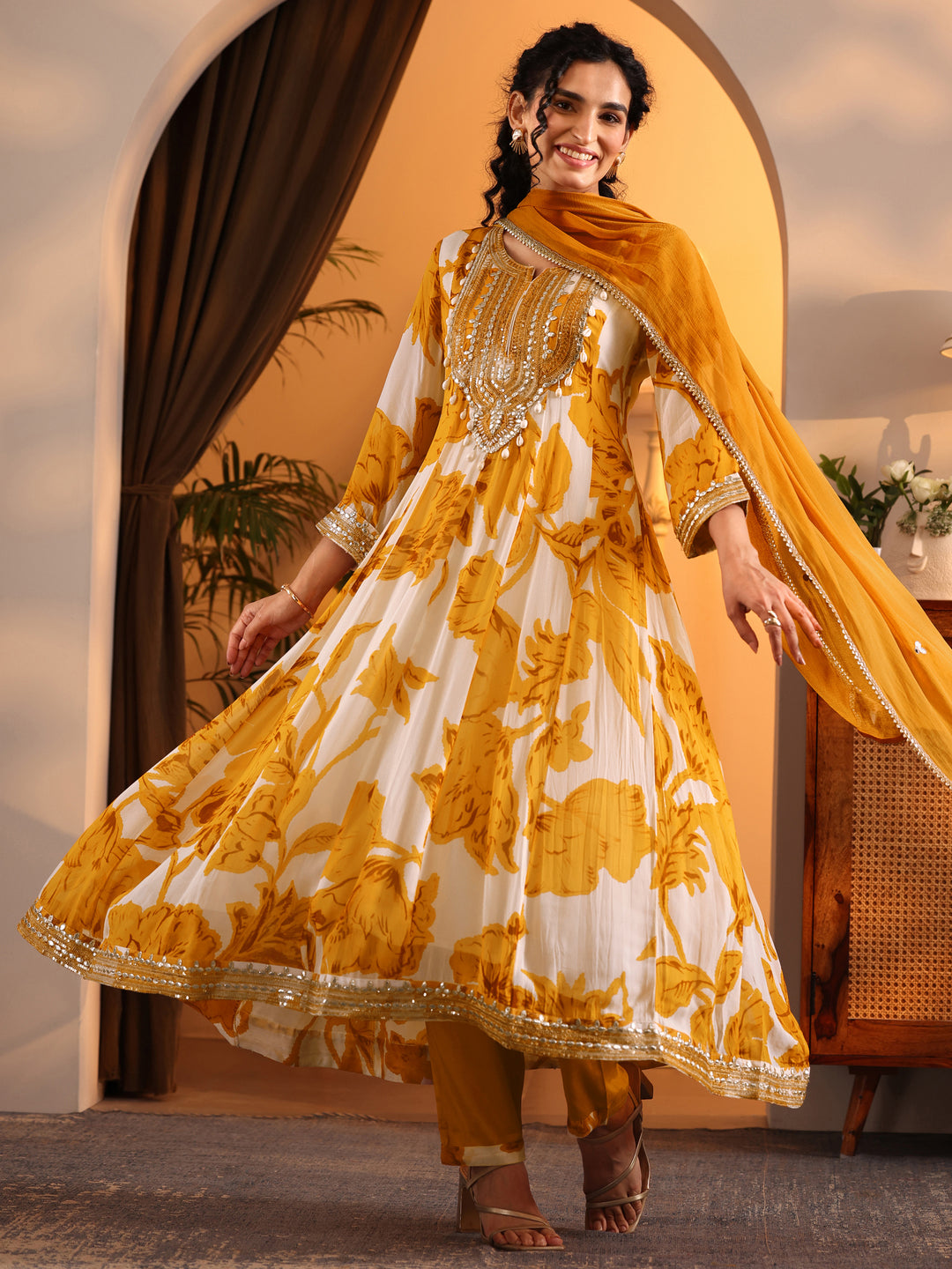  Libas Art Off White Printed Georgette Anarkali Suit Set With Dupatta 