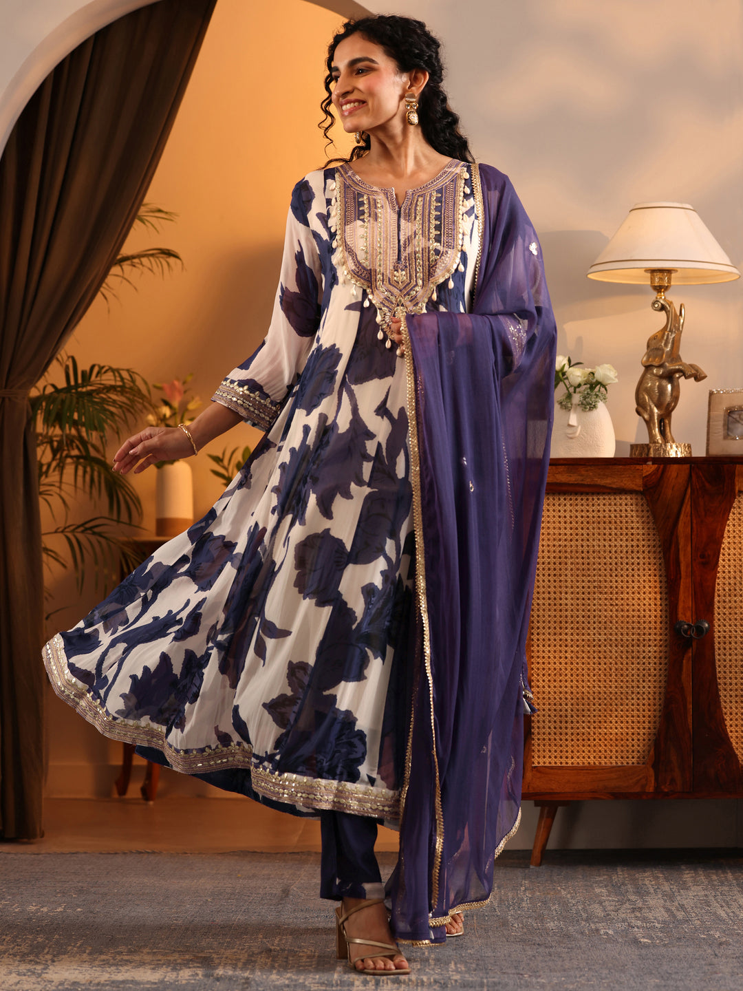  Libas Art Off White Printed Georgette Anarkali Suit Set With Dupatta 
