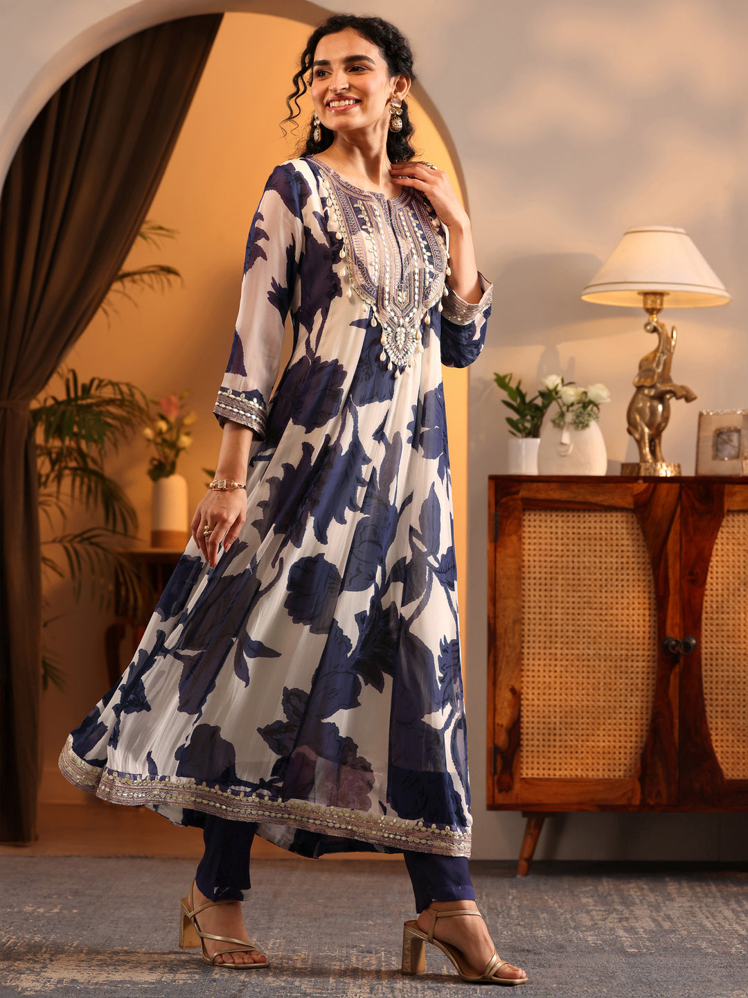  Libas Art Off White Printed Georgette Anarkali Suit Set With Dupatta 