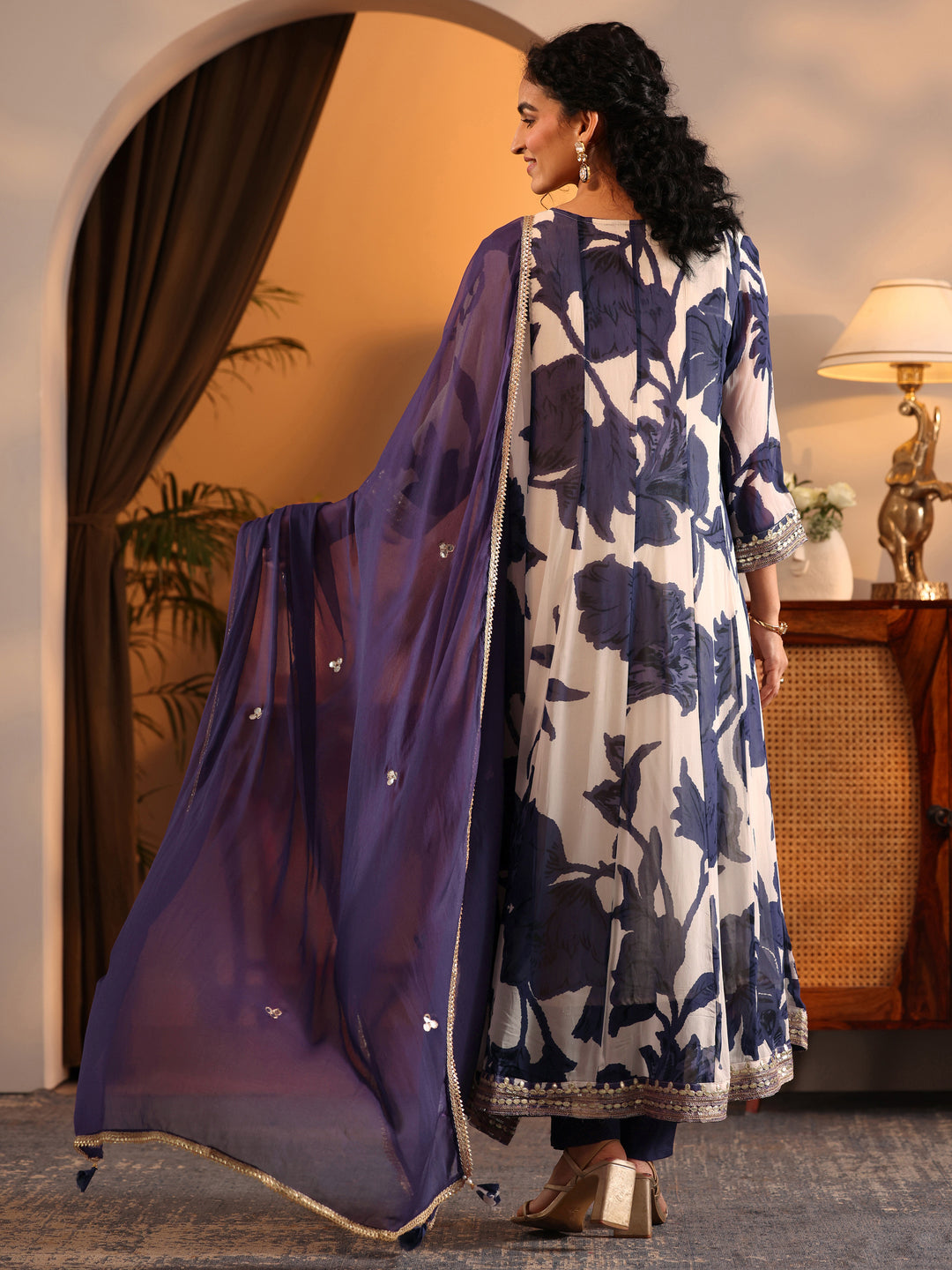  Libas Art Off White Printed Georgette Anarkali Suit Set With Dupatta 