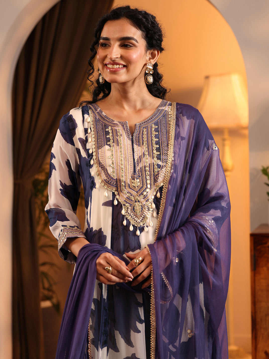  Libas Art Off White Printed Georgette Anarkali Suit Set With Dupatta 