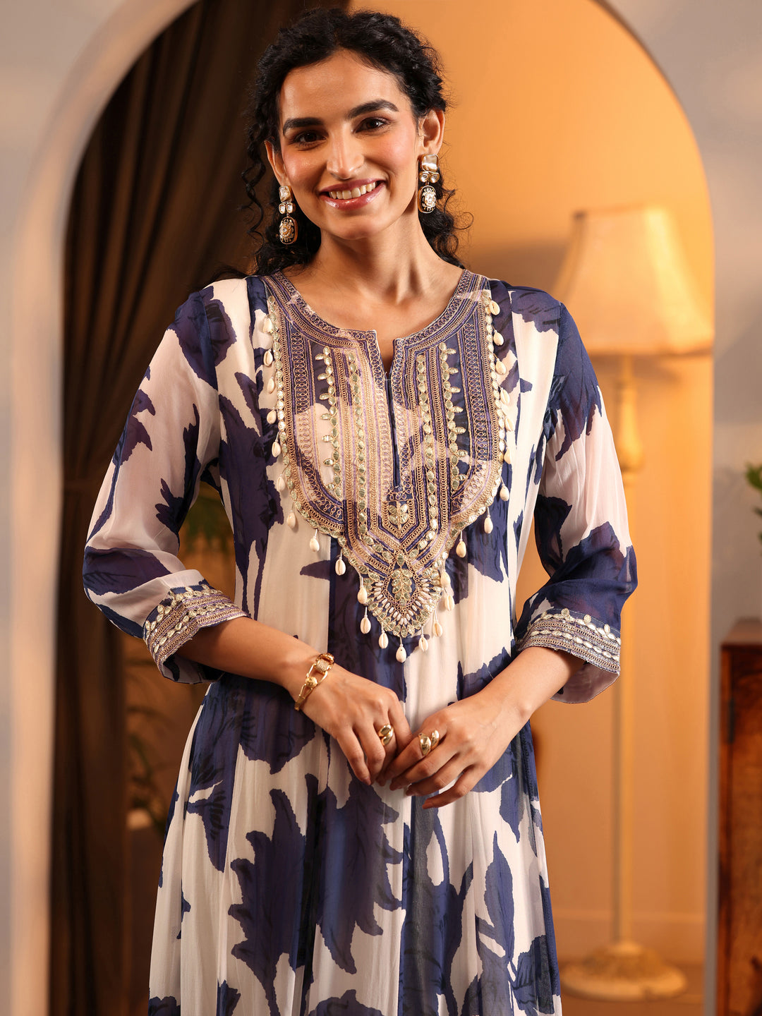  Libas Art Off White Printed Georgette Anarkali Suit Set With Dupatta 