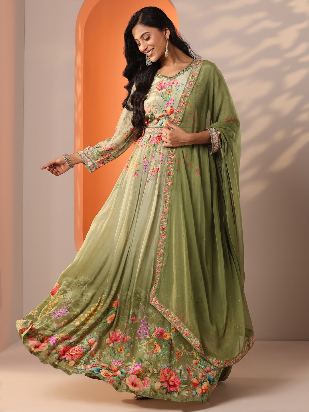  Libas Art Green Printed Muslin Anarkali Suit Set With Dupatta 