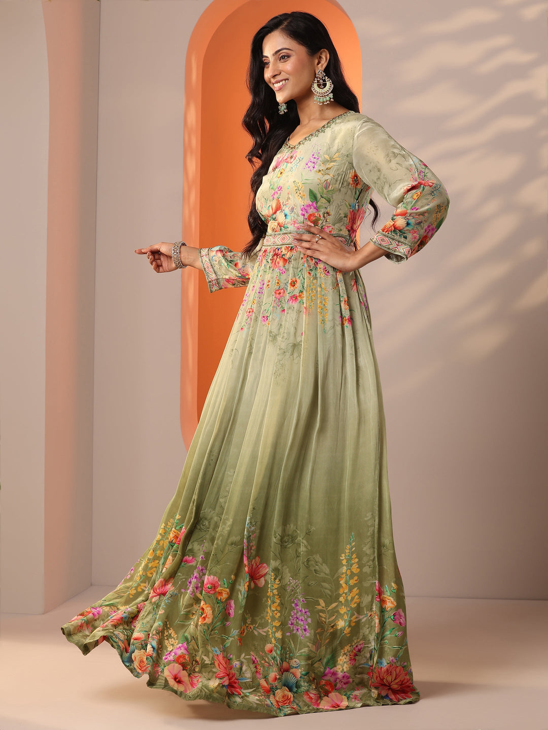  Libas Art Green Printed Muslin Anarkali Suit Set With Dupatta 