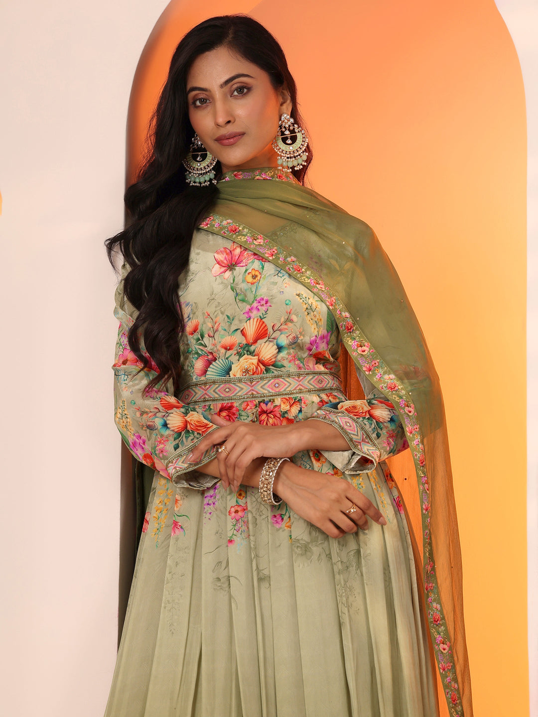  Libas Art Green Printed Muslin Anarkali Suit Set With Dupatta 
