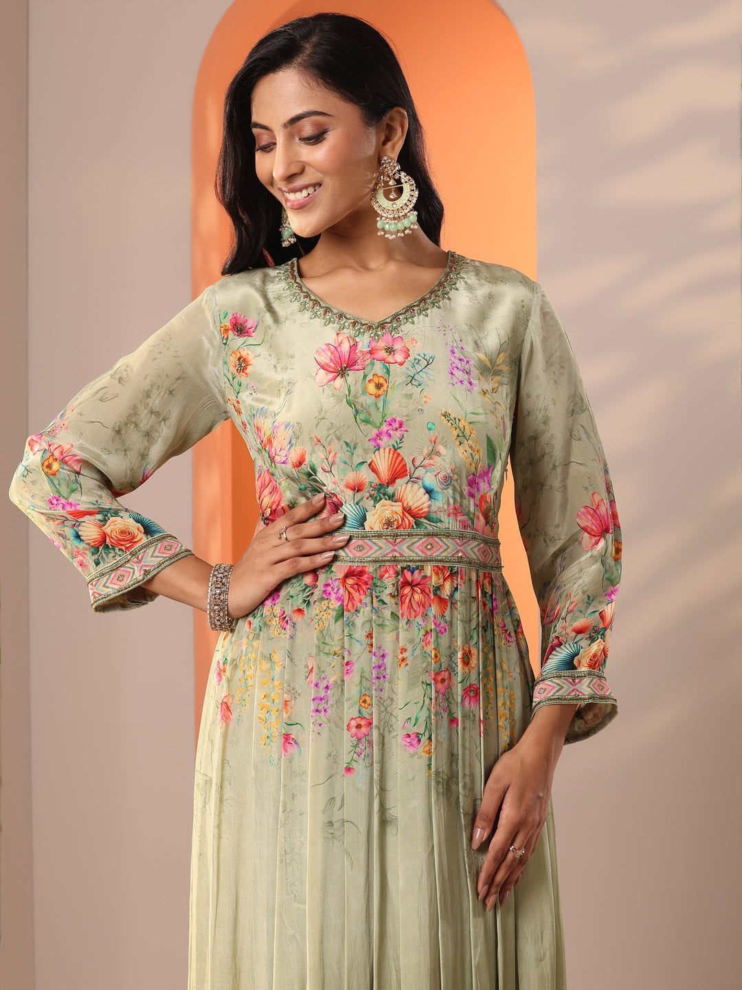  Libas Art Green Printed Muslin Anarkali Suit Set With Dupatta 