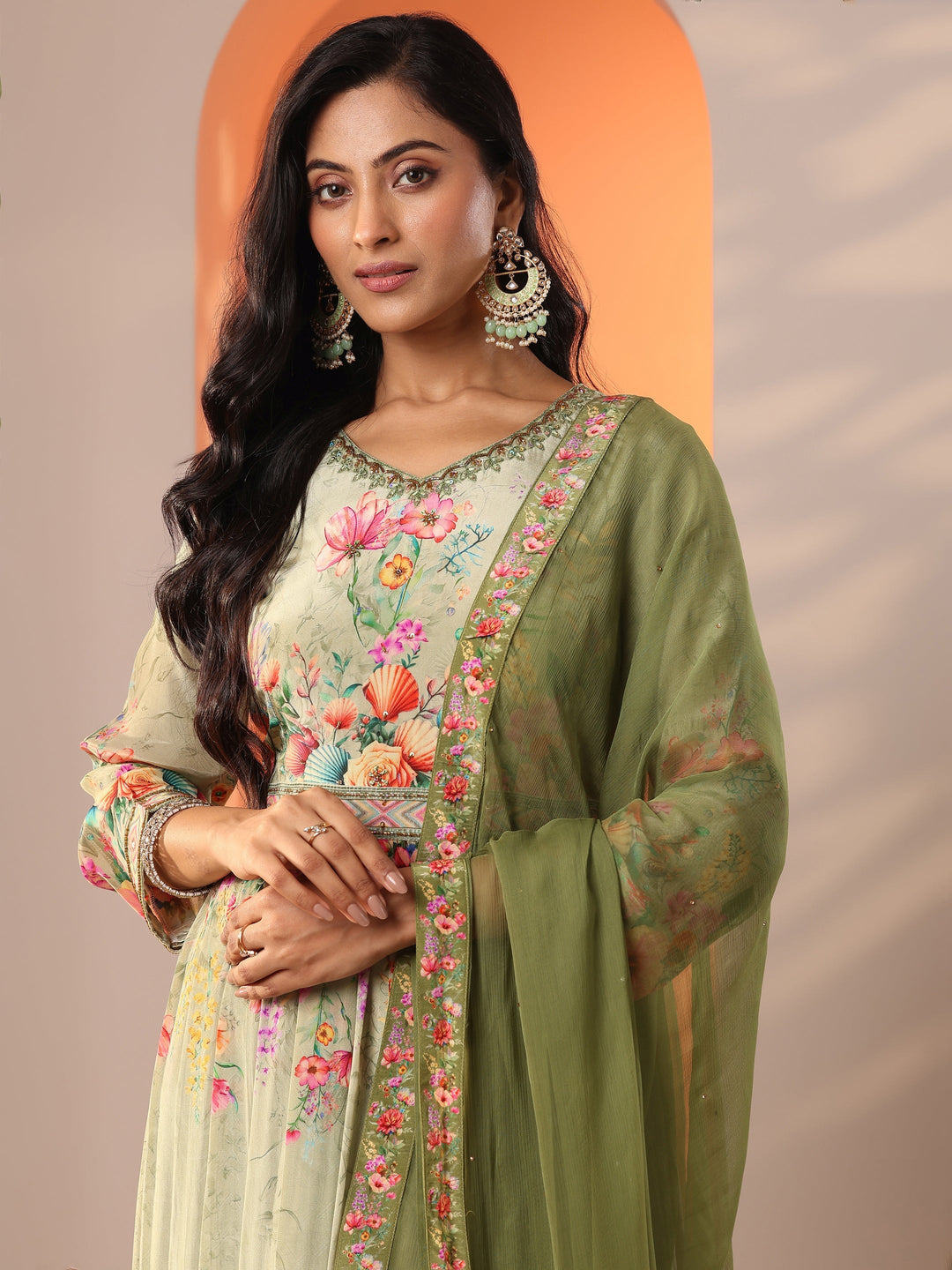  Libas Art Green Printed Muslin Anarkali Suit Set With Dupatta 
