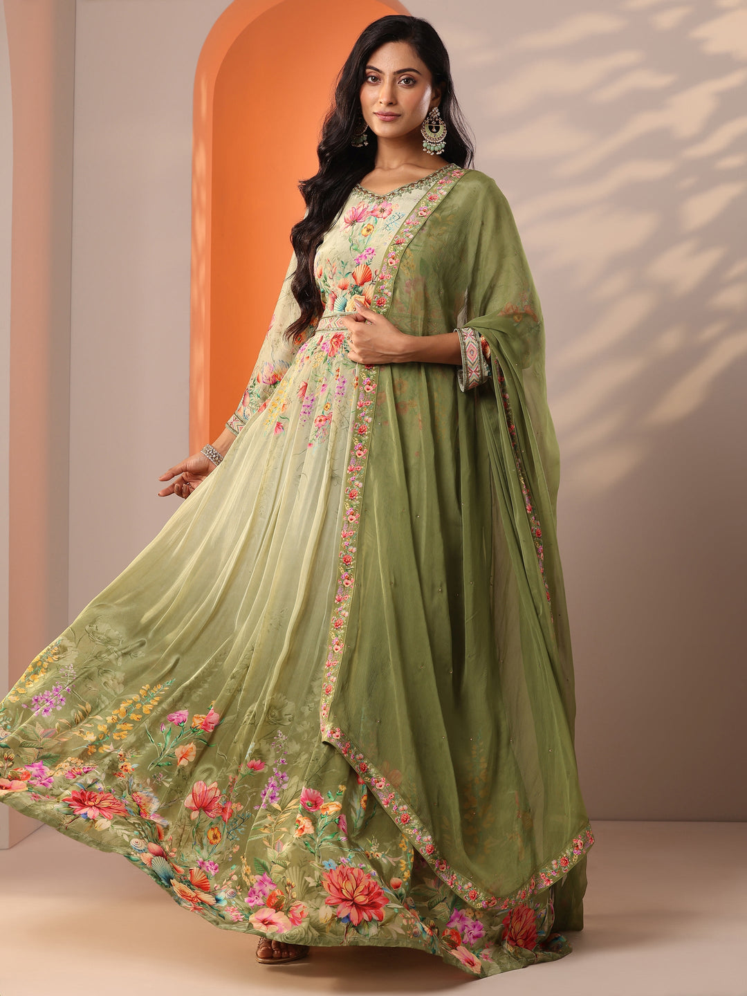  Libas Art Green Printed Muslin Anarkali Suit Set With Dupatta 