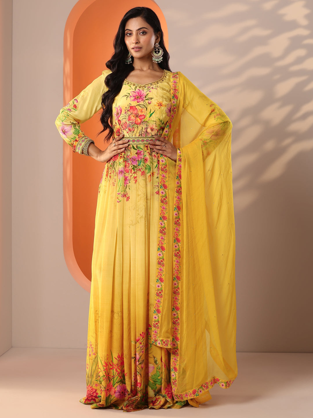  Libas Art Yellow Printed Muslin Anarkali Suit Set With Dupatta 