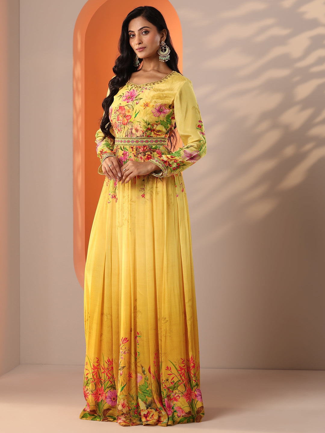  Libas Art Yellow Printed Muslin Anarkali Suit Set With Dupatta 