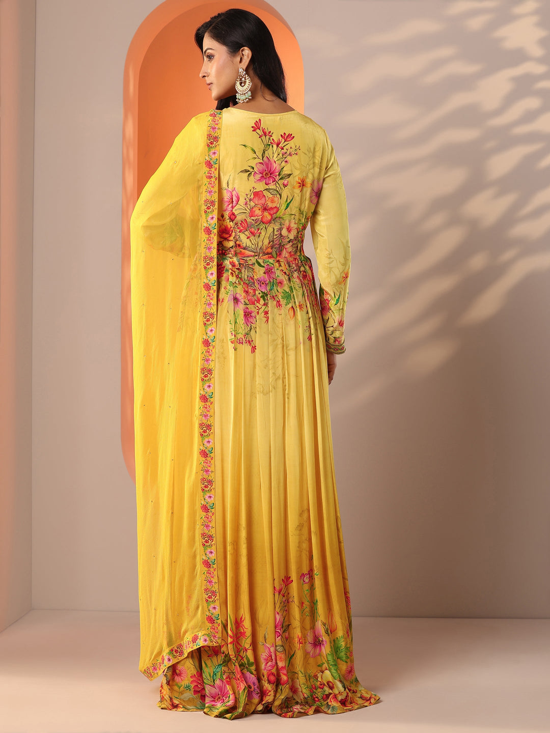  Libas Art Yellow Printed Muslin Anarkali Suit Set With Dupatta 