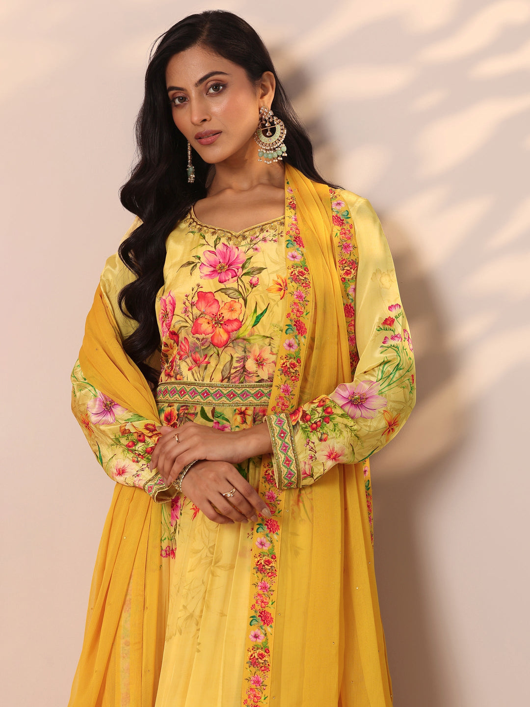  Libas Art Yellow Printed Muslin Anarkali Suit Set With Dupatta 