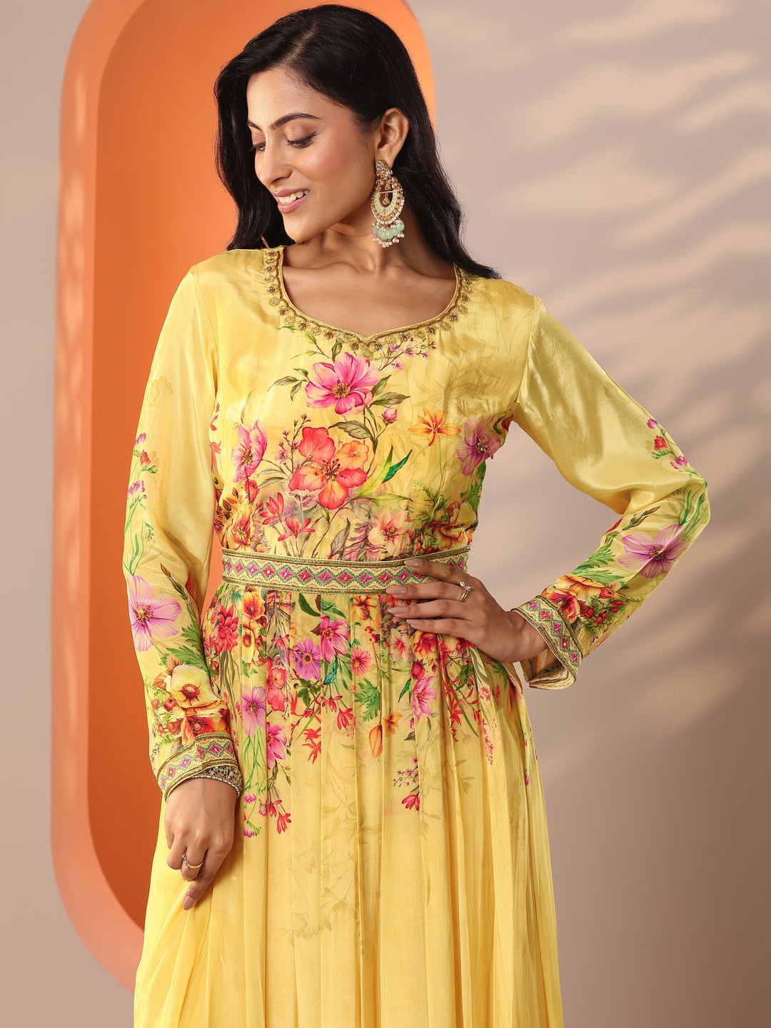  Libas Art Yellow Printed Muslin Anarkali Suit Set With Dupatta 