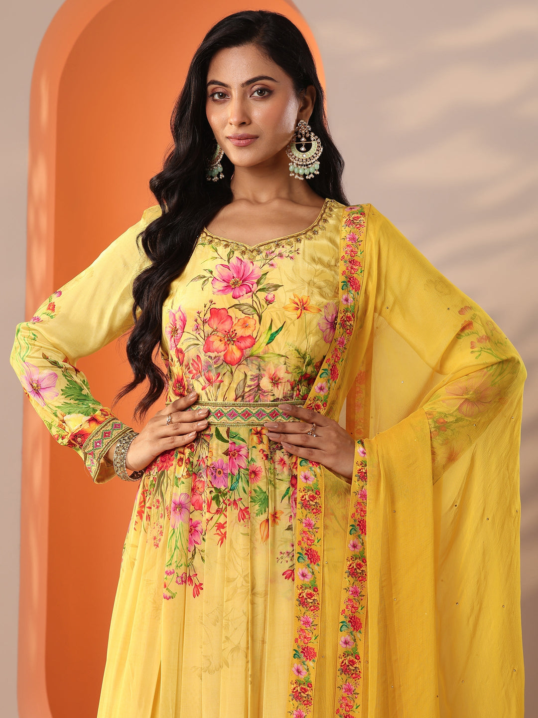  Libas Art Yellow Printed Muslin Anarkali Suit Set With Dupatta 