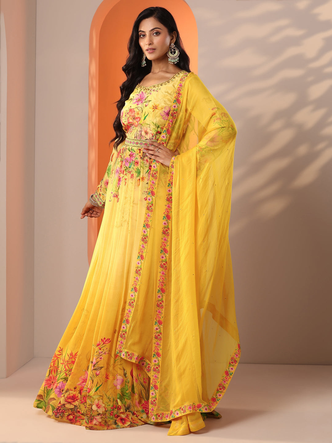  Libas Art Yellow Printed Muslin Anarkali Suit Set With Dupatta 