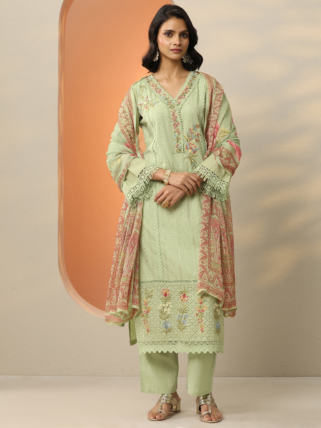 Libas Art Green Embroidered Cotton Straight Suit Set With Dupatta