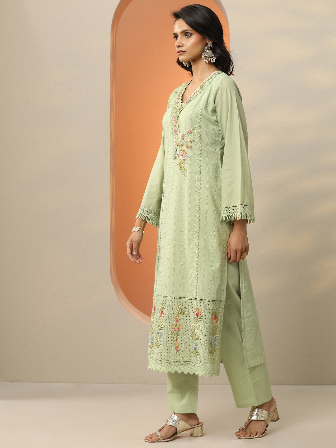  Green Embroidered Cotton Straight Suit Set With Dupatta 
