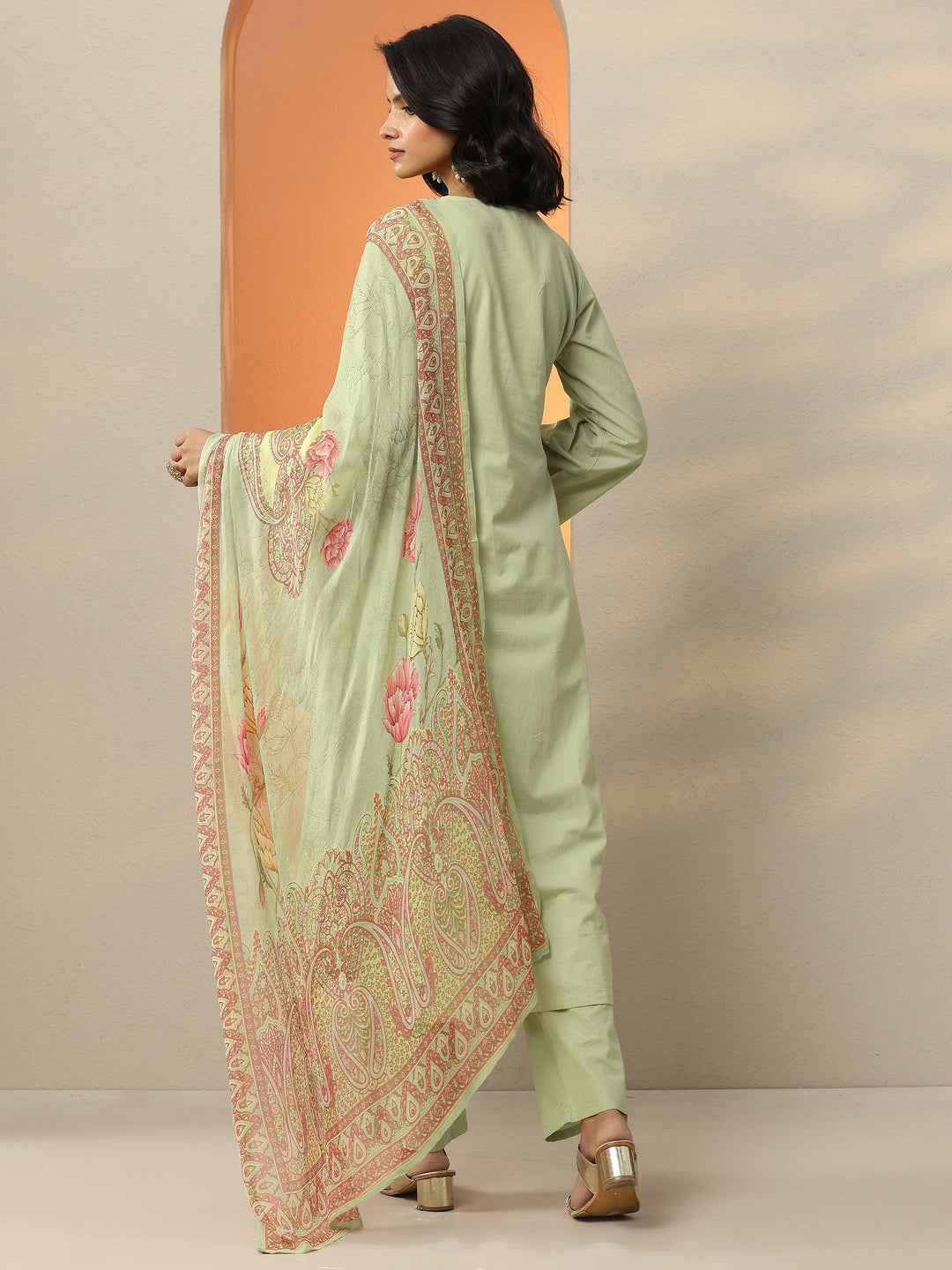  Green Embroidered Cotton Straight Suit Set With Dupatta 