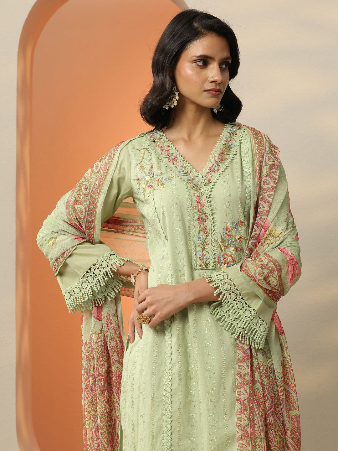  Green Embroidered Cotton Straight Suit Set With Dupatta 