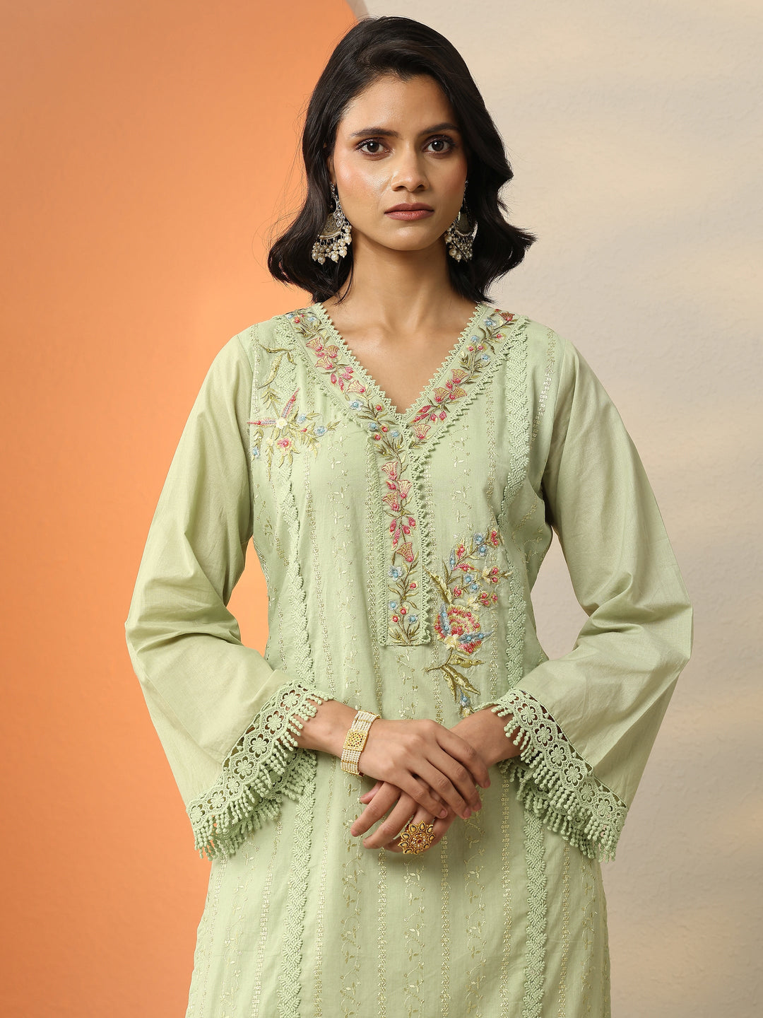  Green Embroidered Cotton Straight Suit Set With Dupatta 