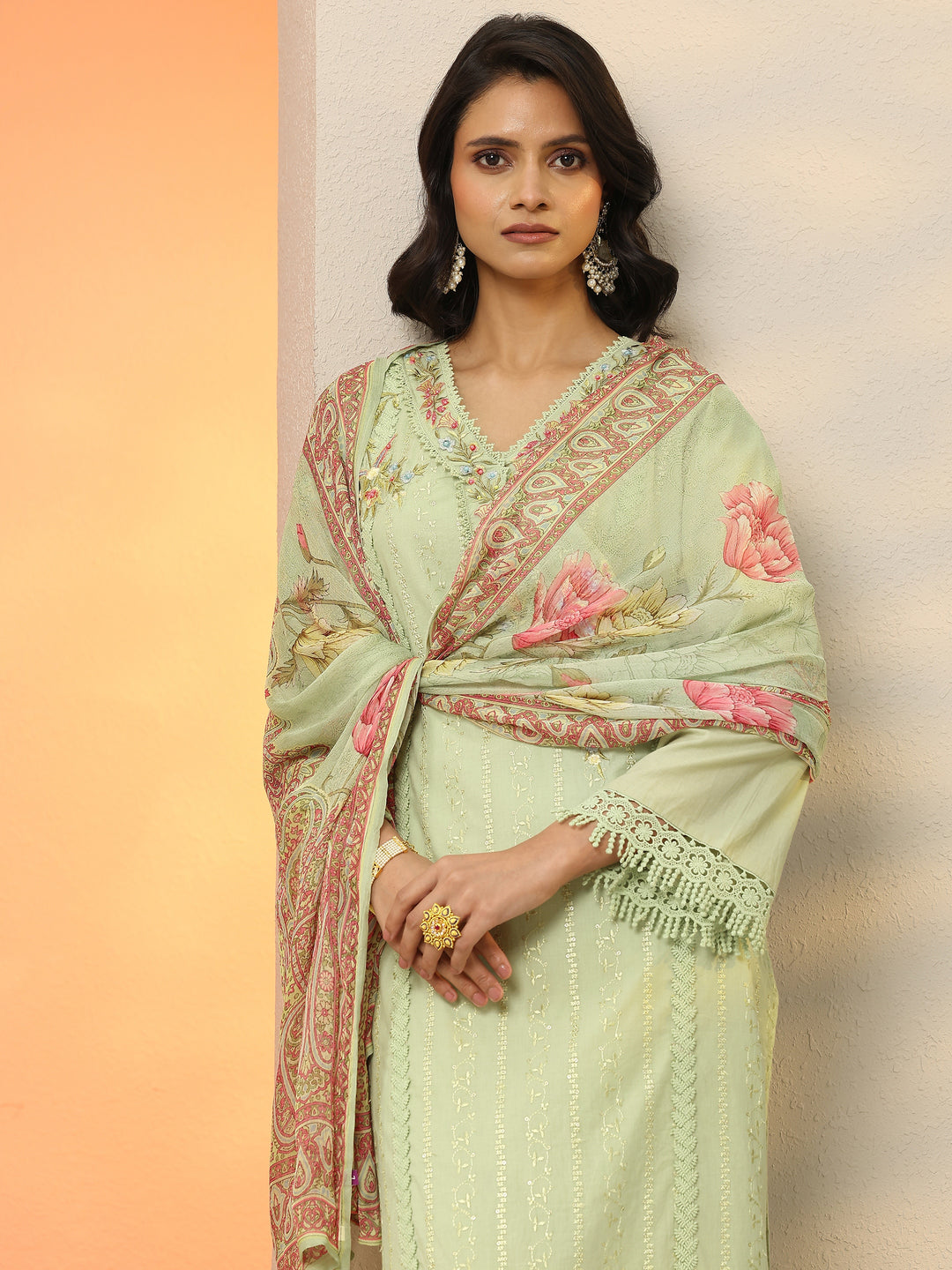  Green Embroidered Cotton Straight Suit Set With Dupatta 