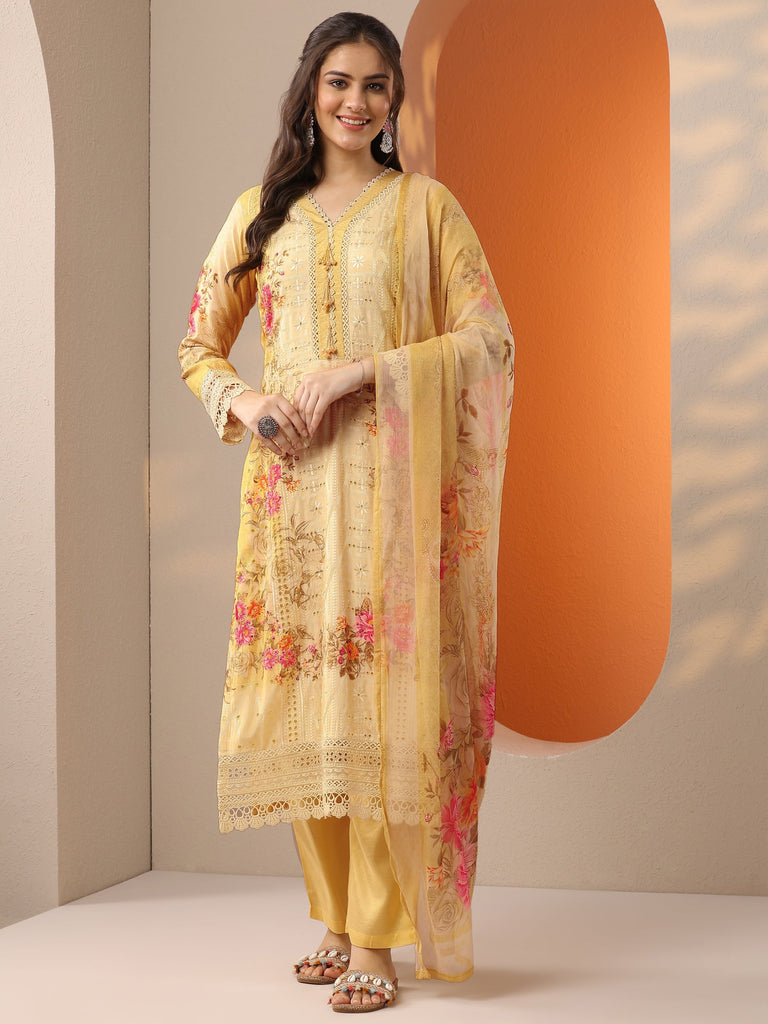 Libas Yellow Embroidered Silk Blend Straight Suit Set With Dupatta