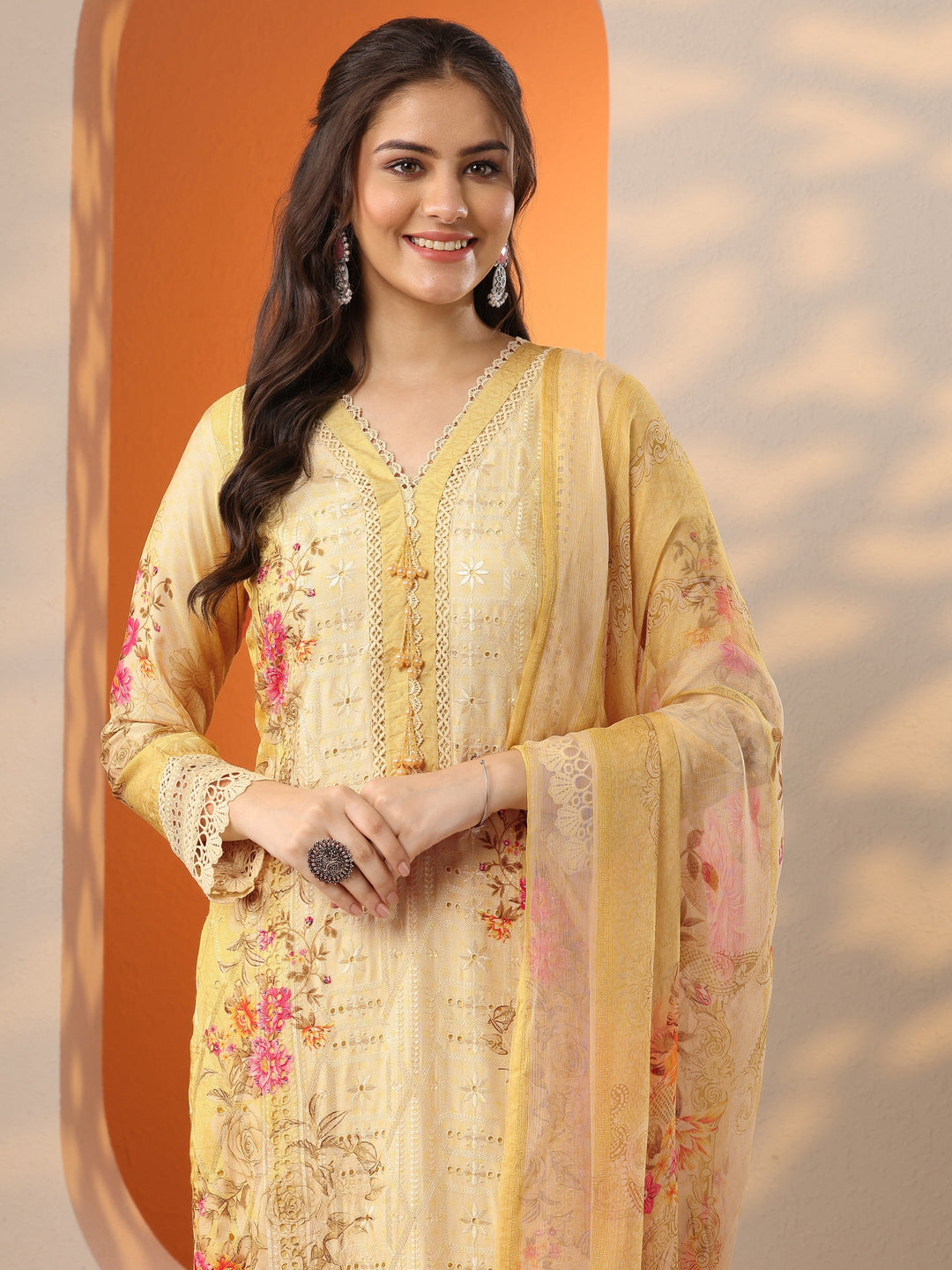  Libas Art Yellow Embroidered Muslin Straight Suit Set With Dupatta 