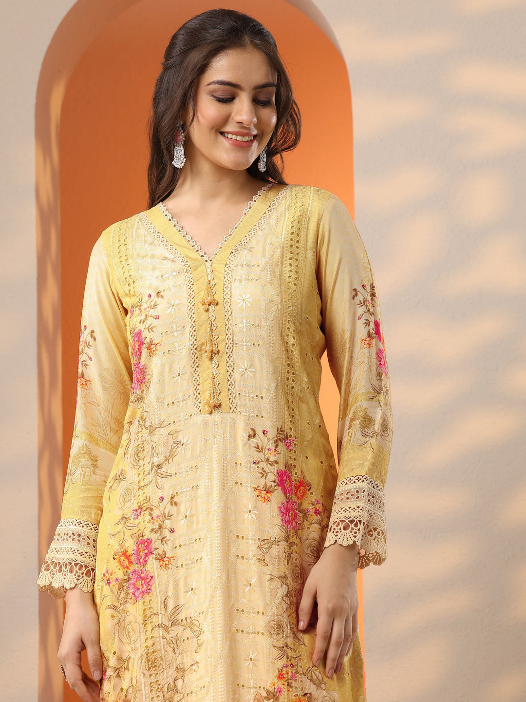  Libas Art Yellow Embroidered Muslin Straight Suit Set With Dupatta 