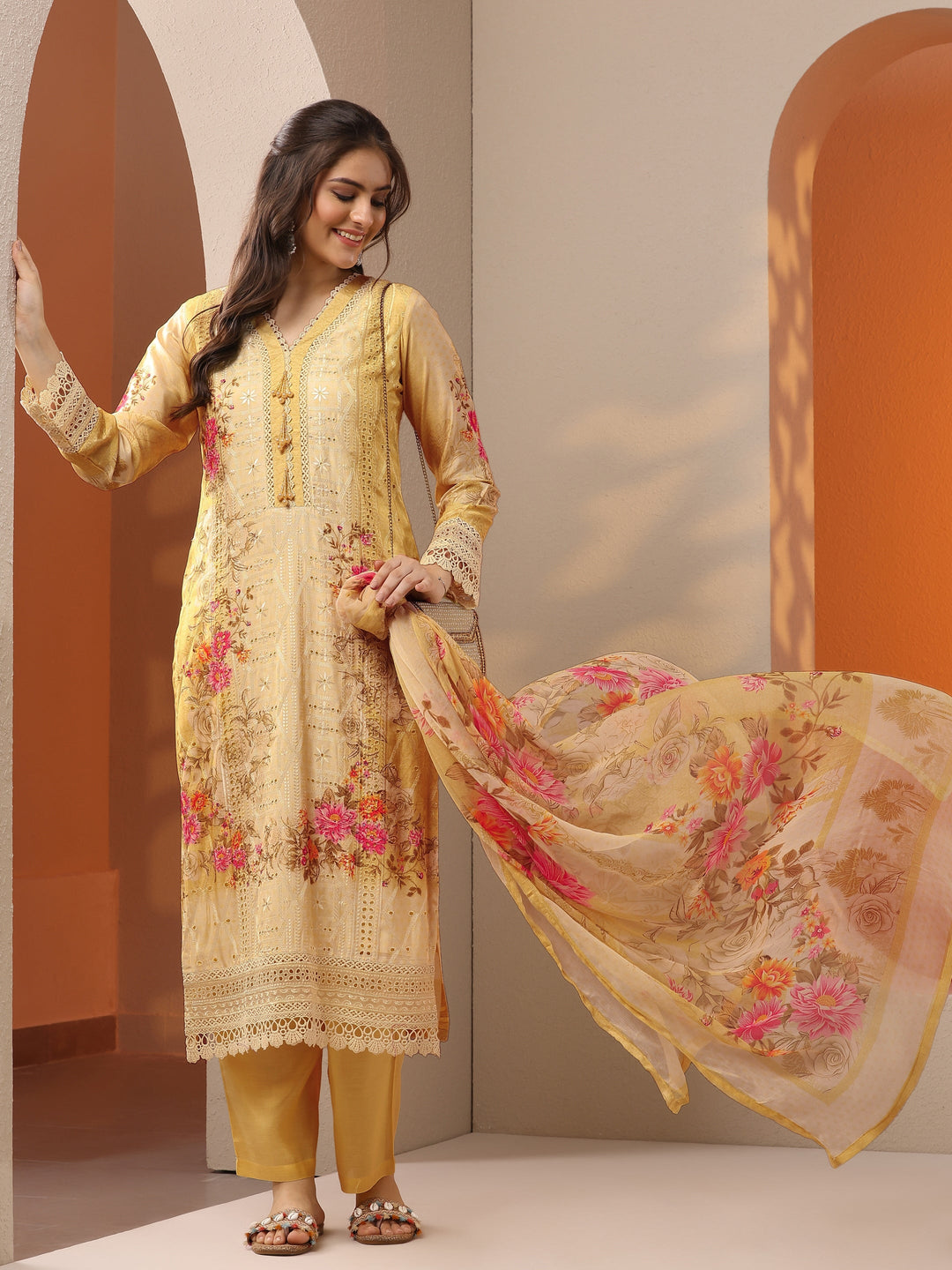  Libas Art Yellow Embroidered Muslin Straight Suit Set With Dupatta 