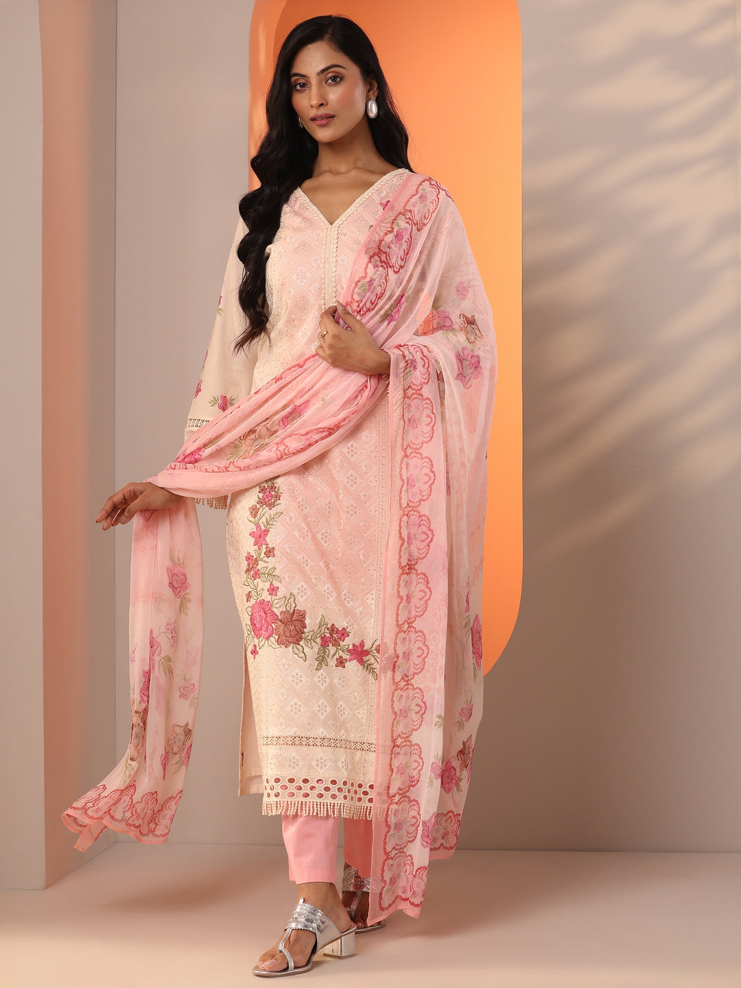  Off White Embroidered Cotton Straight Suit Set With Dupatta 