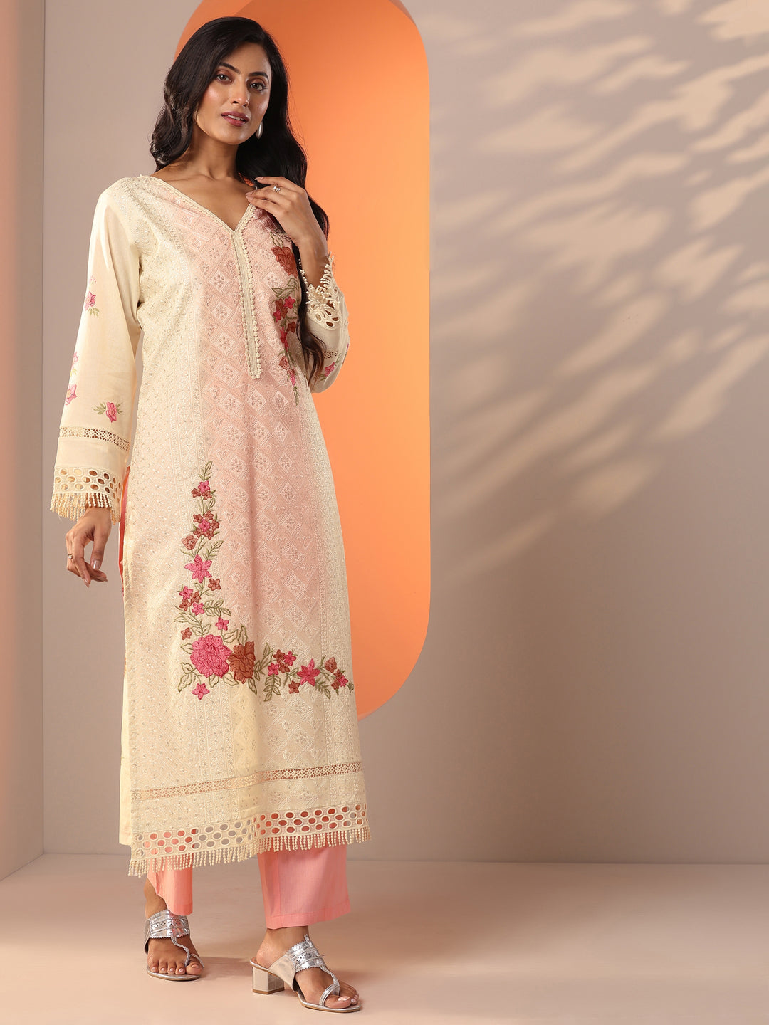  Off White Embroidered Cotton Straight Suit Set With Dupatta 