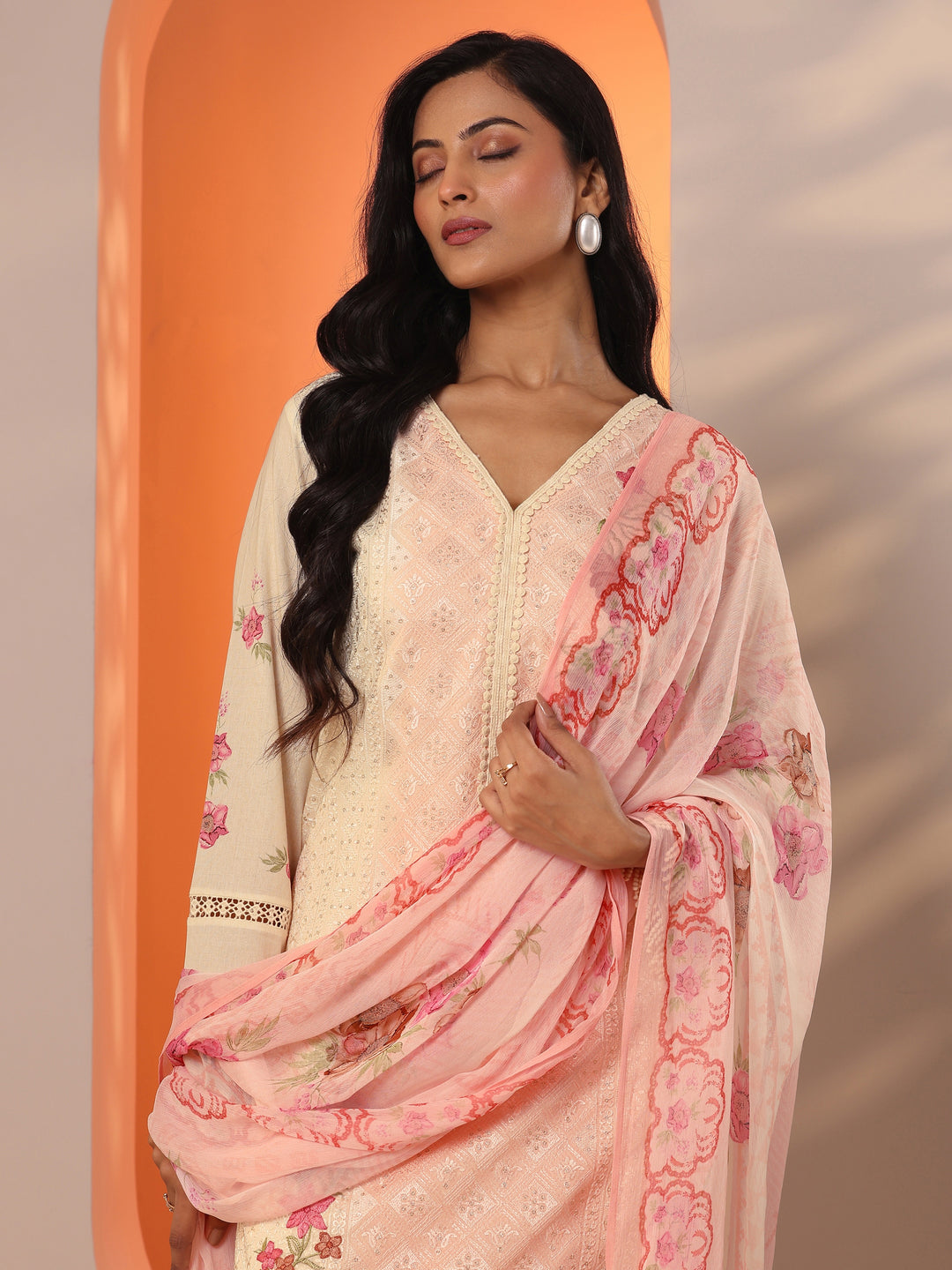  Off White Embroidered Cotton Straight Suit Set With Dupatta 