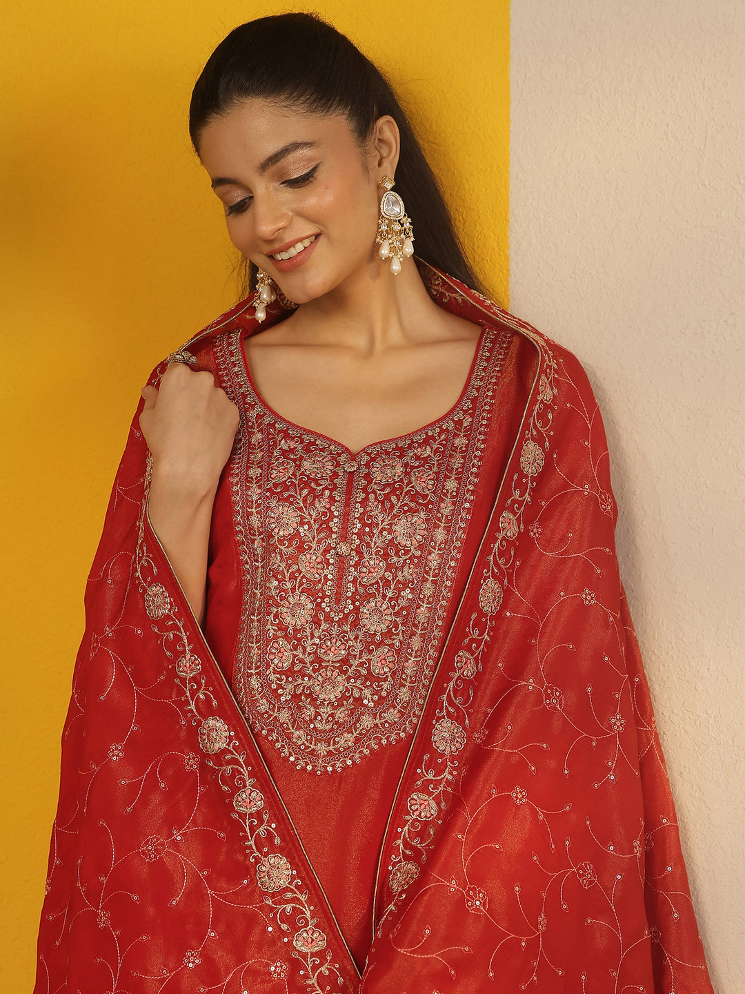  Red Embroidered Silk Blend Straight Suit Set With Dupatta 