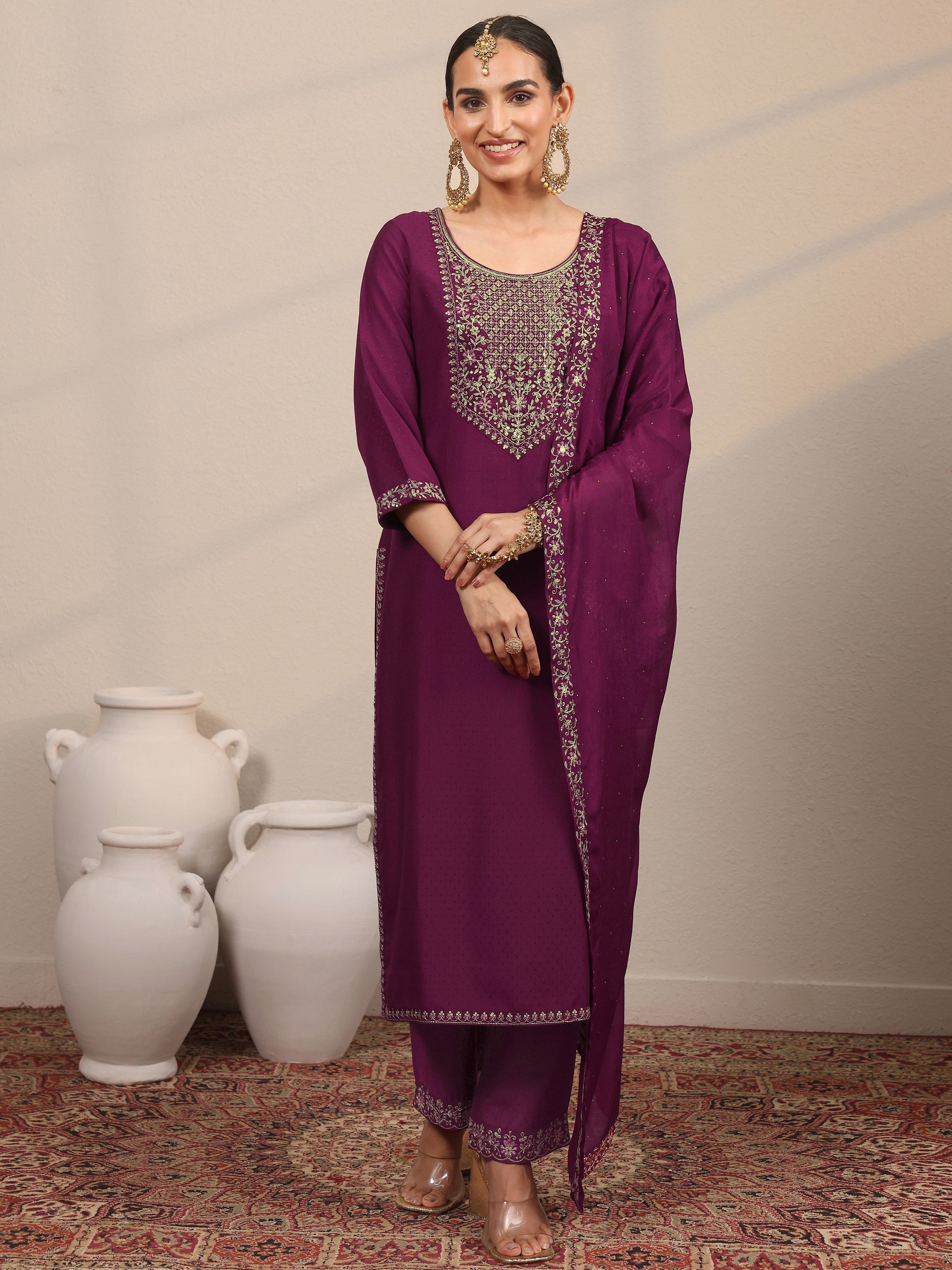 libas Magenta Yoke Design Silk Blend Straight Suit Set With Dupatta-picture-22