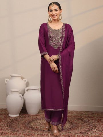 Magenta Yoke Design Silk Blend  Straight Suit Set With Dupatta